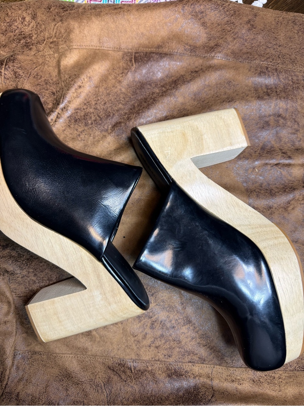 38. Rachel Comey Black Leather Platform Clogs with Natural Wood Sole